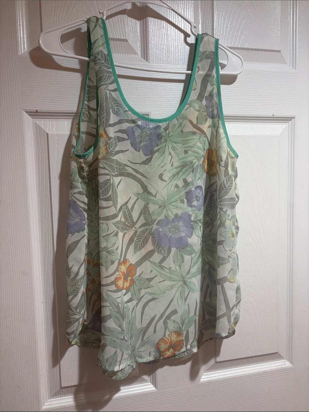 Floral Sheer Tank Top with Green Trim
